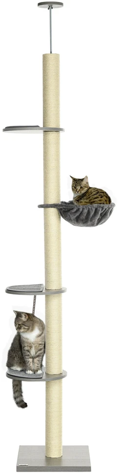 PawHut draskyklė katėms iki lubų, 230-250 cm, su hamaku, reguliuojamo aukščio, pilka+kreminė