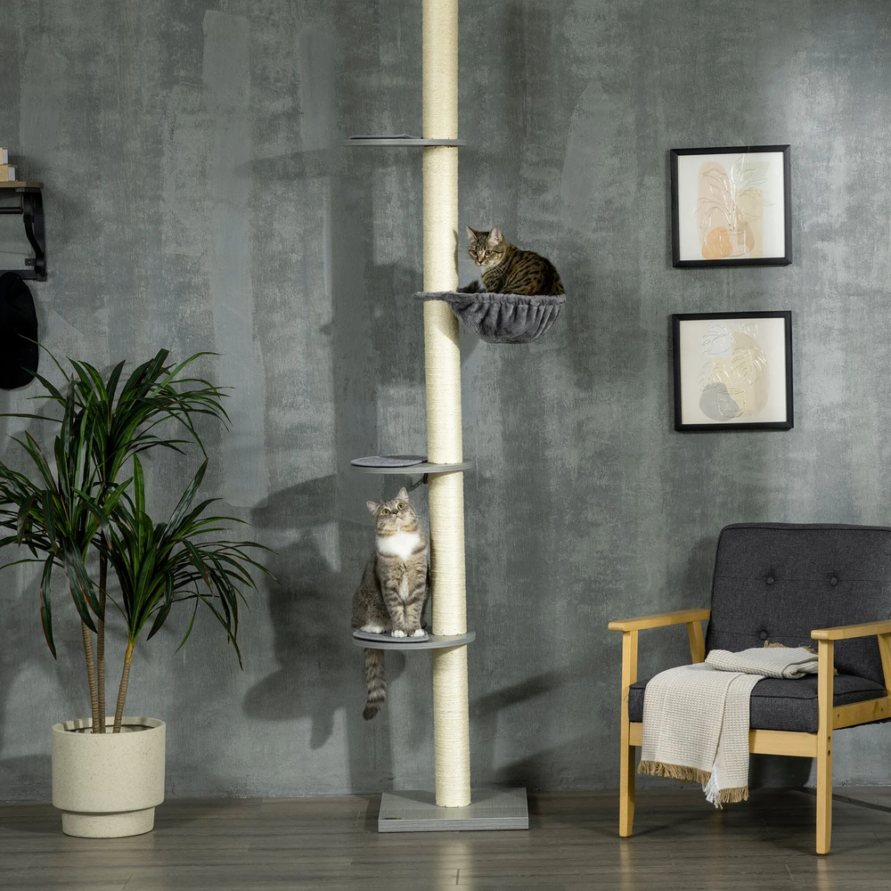 PawHut draskyklė katėms iki lubų, 230-250 cm, su hamaku, reguliuojamo aukščio, pilka+kreminė