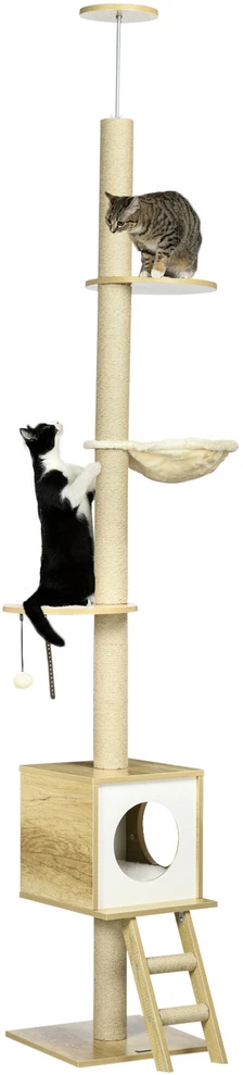 PawHut katės draskyklė, montuojama iki lubų, 240-260 cm, su nameliu ir hamaku, šviesiai ruda + smėlio spalvos