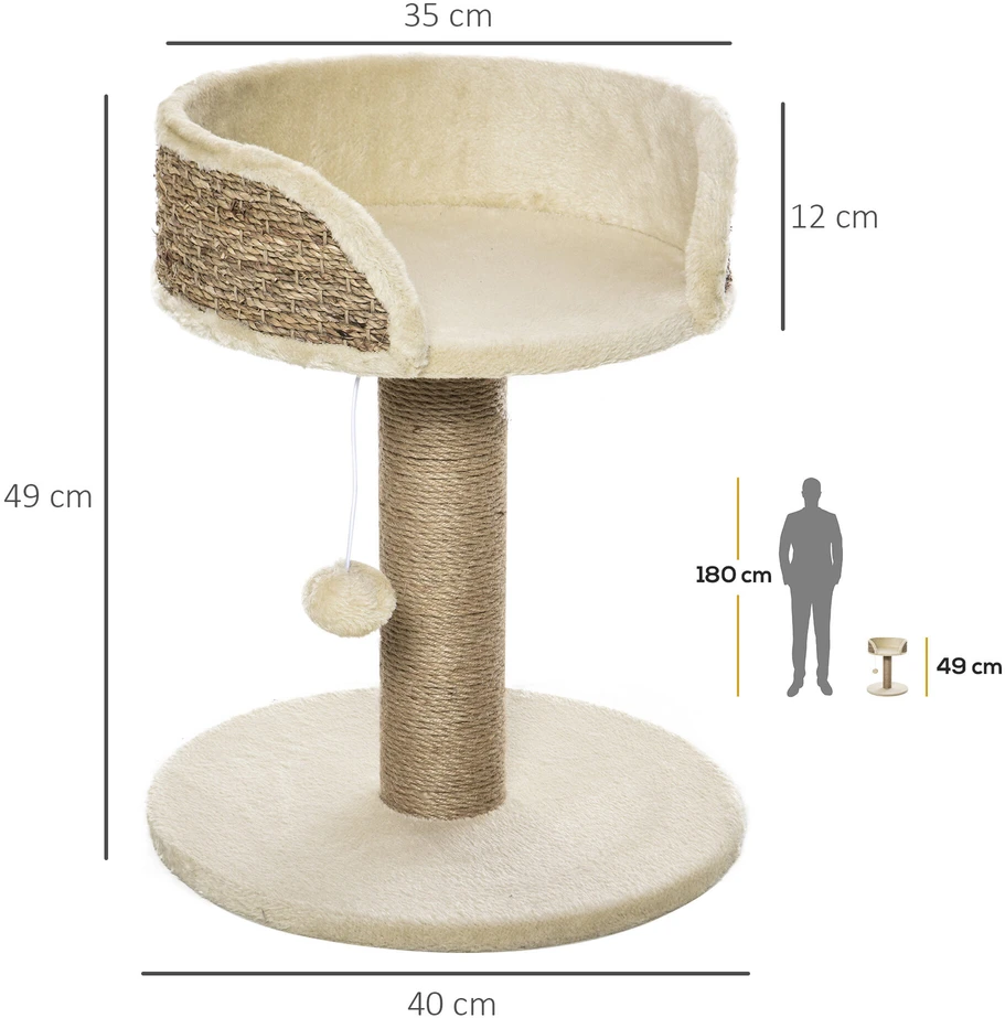 PawHut mažas draskyklė katėms, 49 cm, draskyklė su žaisliuku, gultu, laipynė katėms iki 4kg, baldai katėms, džiutas, kavos spalvos