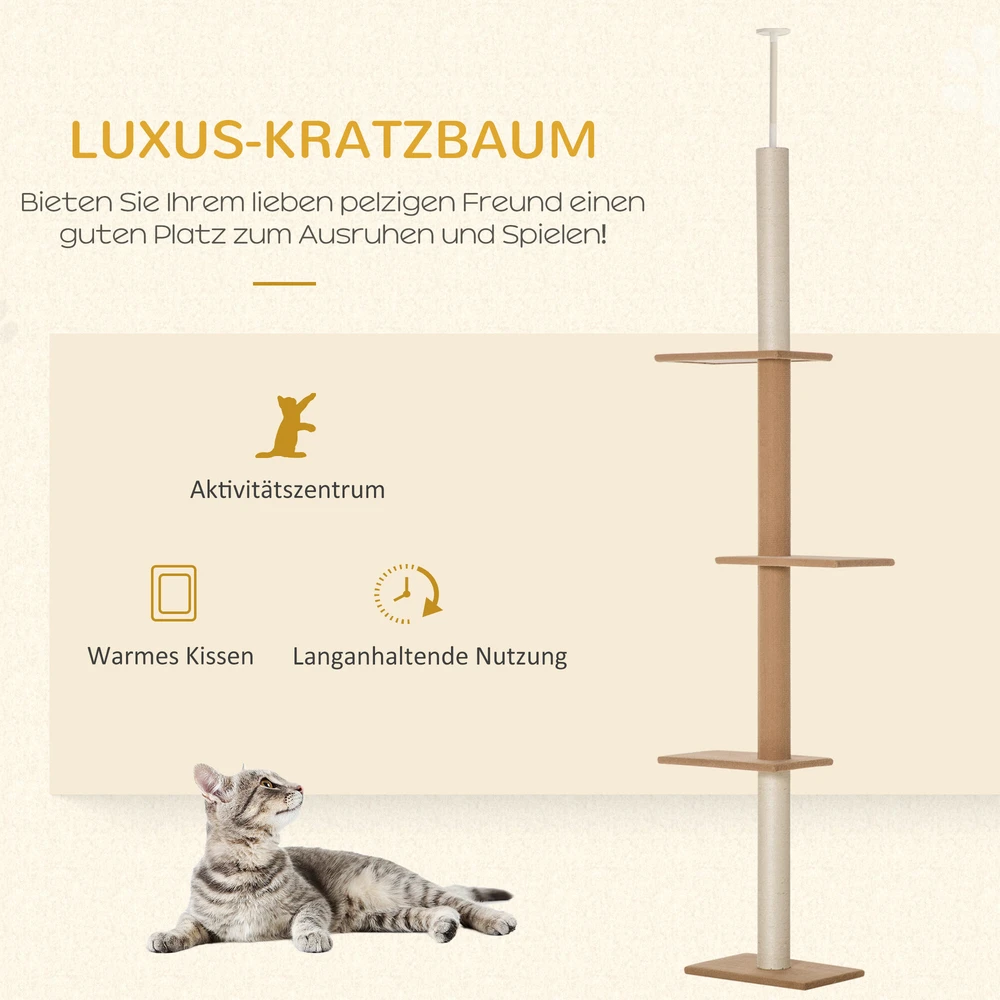 PawHut reguliuojamo aukščio draskyklė katėms, laipynė, žaidimų medis, chaki spalvos, 43x27x228-260cm