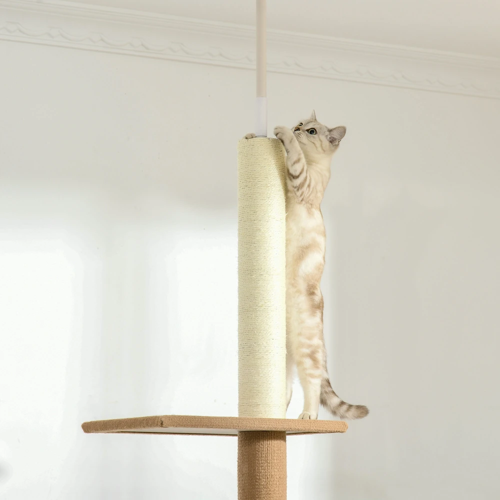 PawHut reguliuojamo aukščio draskyklė katėms, laipynė, žaidimų medis, chaki spalvos, 43x27x228-260cm