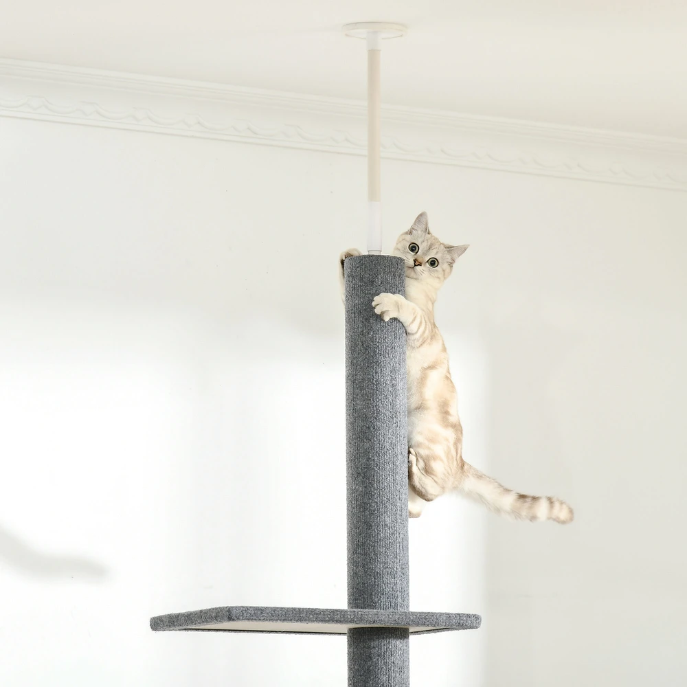 PawHut reguliuojamo aukščio draskyklė katėms, laipynė, žaidimų medis, pilka, 43x27x228-260 cm