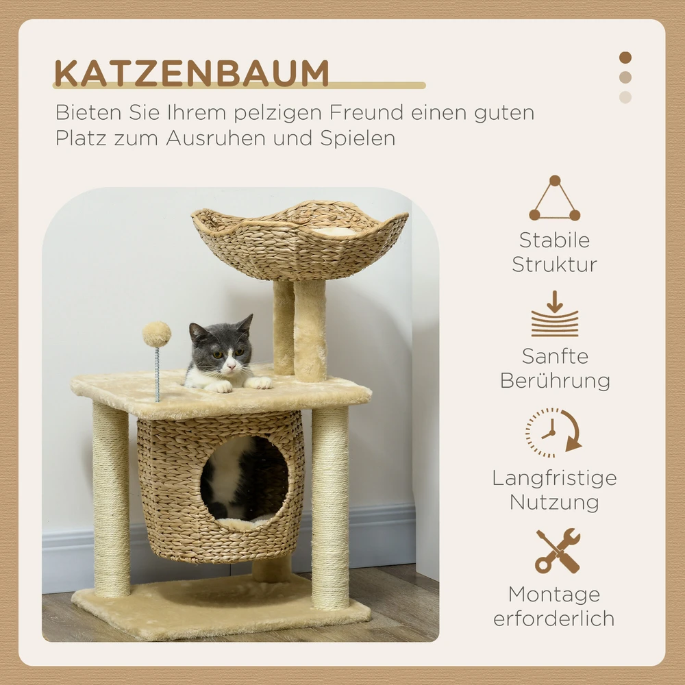 "PawHut" kačių draskyklė, maža, 74 cm kačių medis su kačių urvu, žaidimų kamuoliuku, vidaus laipiojimo bokštas su guoliu, draskymo baldai katėms iki 5kg, smėlio spalvos
