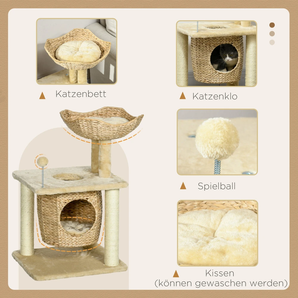 "PawHut" kačių draskyklė, maža, 74 cm kačių medis su kačių urvu, žaidimų kamuoliuku, vidaus laipiojimo bokštas su guoliu, draskymo baldai katėms iki 5kg, smėlio spalvos