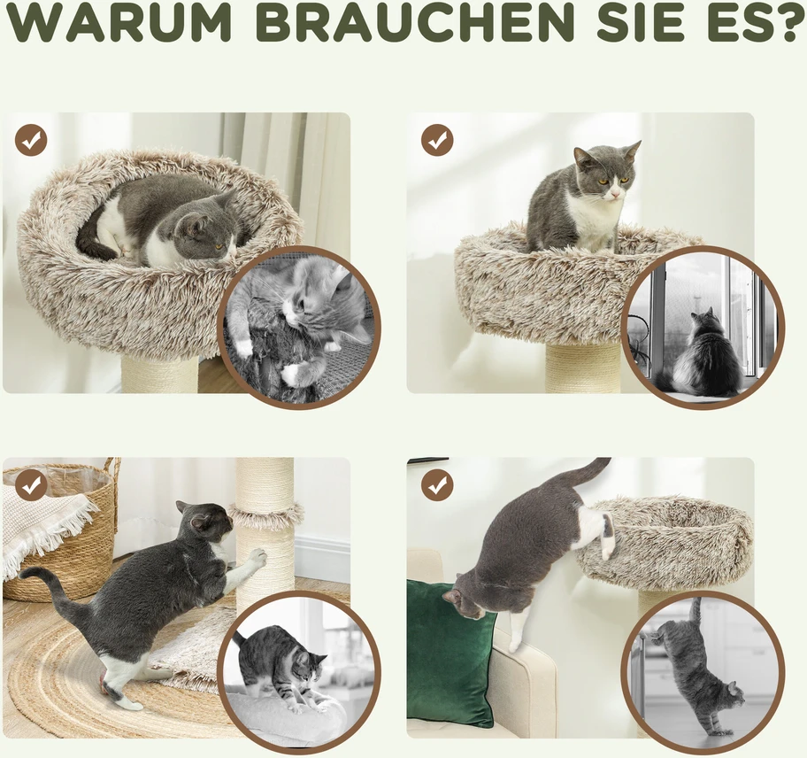 PawHut draskyklė katėms, 87 cm aukščio, su guoliu, storu stulpu, sizalio draskymo stulpais, katėms iki 6kg, vidaus naudojimui, ruda