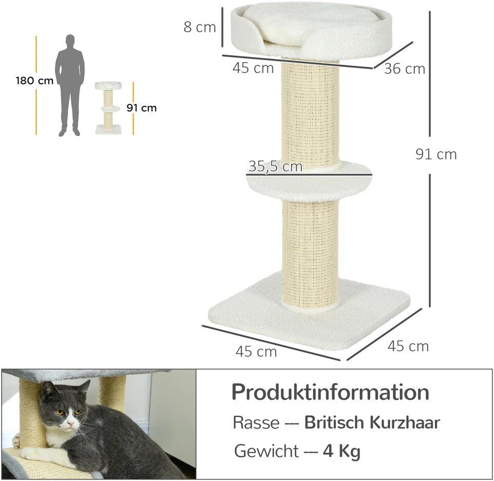 PawHut 91 cm kačių draskyklė, kačių bokštas su sizalio stulpais, platforma, pagalvėlėmis, kelių aukštų draskyklė, laipynė, vidutinio dydžio katėms, kreminė balta