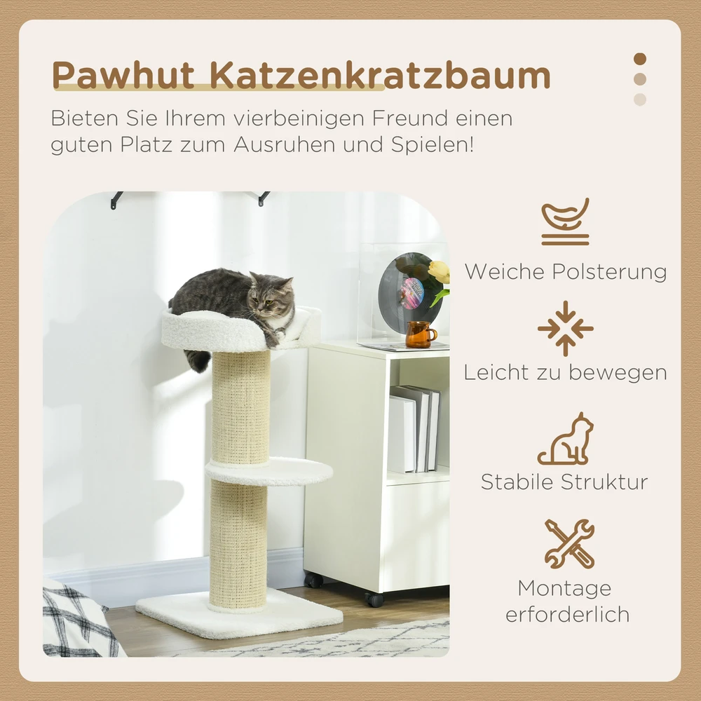 PawHut 91 cm kačių draskyklė, kačių bokštas su sizalio stulpais, platforma, pagalvėlėmis, kelių aukštų draskyklė, laipynė, vidutinio dydžio katėms, kreminė balta