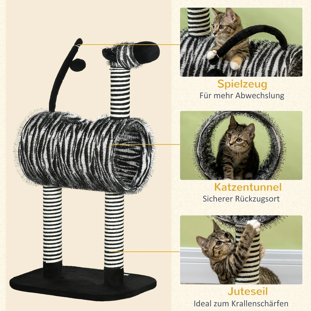 PawHut draskyklė katėms Zebra dizainas, laipiojimo tunelis, džiuto stulpai, juoda ir balta, 93 cm
