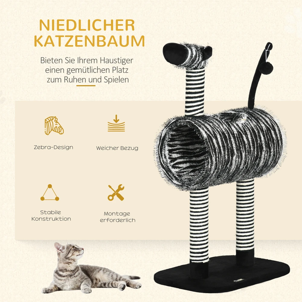 PawHut draskyklė katėms Zebra dizainas, laipiojimo tunelis, džiuto stulpai, juoda ir balta, 93 cm