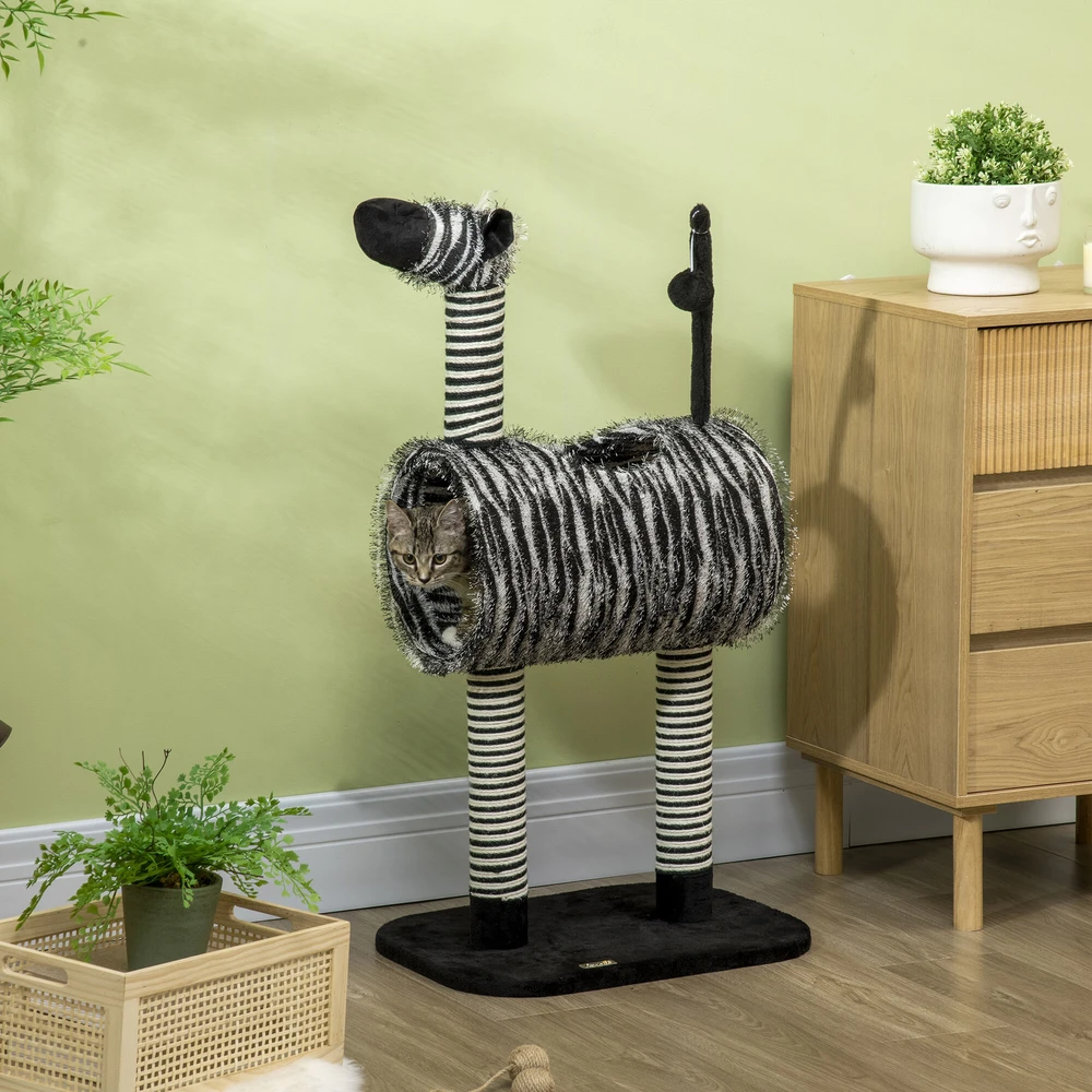 PawHut draskyklė katėms Zebra dizainas, laipiojimo tunelis, džiuto stulpai, juoda ir balta, 93 cm