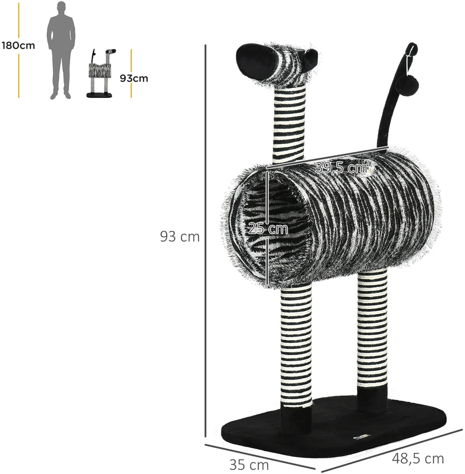 PawHut draskyklė katėms Zebra dizainas, laipiojimo tunelis, džiuto stulpai, juoda ir balta, 93 cm