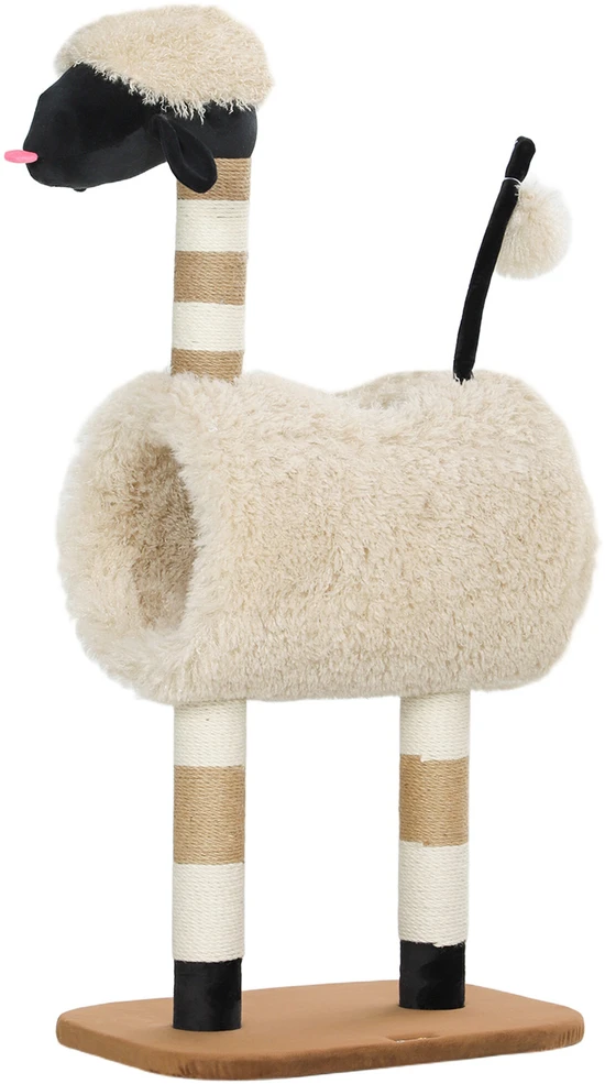 PawHut draskyklė, 98 cm, katėms, su draskymo stulpais, tuneliu, žaisliniu kamuoliuku, aviuko dizainas, katėms iki 5kg, šviesiai ruda