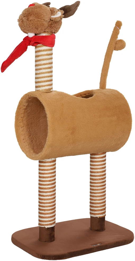 PawHut 98 cm draskyklė-bokštas elnio dizaino, su landyne, žaisliniu kamuoliuku, džiuto stulpais, kačių draskyklė, laipynė, vidutinio dydžio katėms, ruda