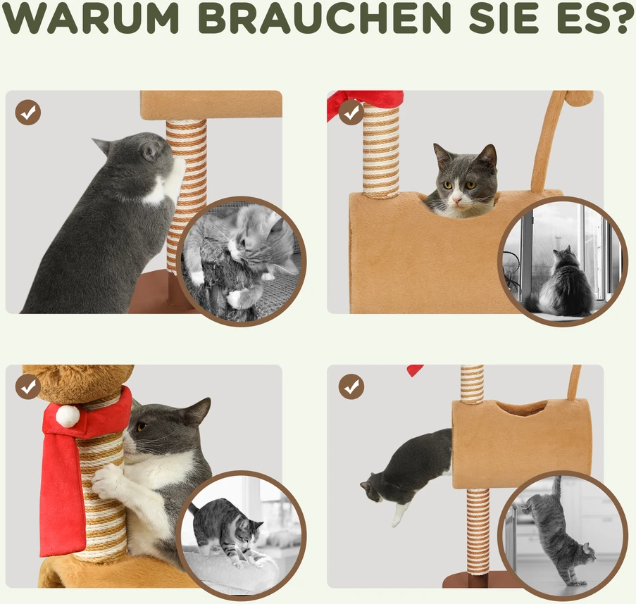 PawHut 98 cm draskyklė-bokštas elnio dizaino, su landyne, žaisliniu kamuoliuku, džiuto stulpais, kačių draskyklė, laipynė, vidutinio dydžio katėms, ruda