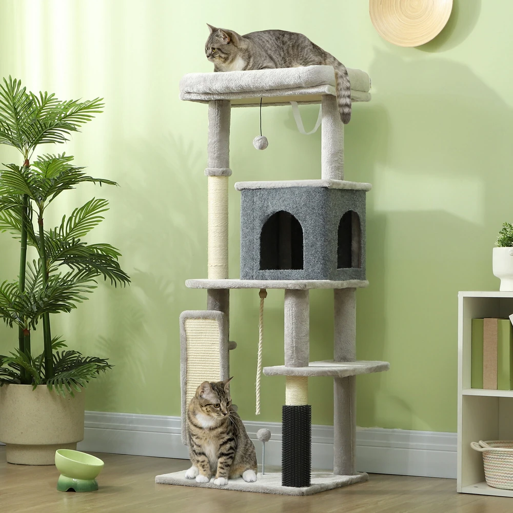PawHut 132 cm katės draskyklė su nameliu, žaisliuku, sizalio stulpais, katėms iki 6kg, šviesiai pilka