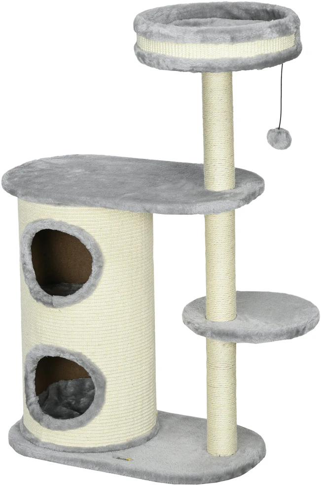 PawHut draskyklė, 100 cm, laipiojimo medis su draskymo statine, kačių draskyklė, kačių medis su gultu, pagalvėle ir žaisliniu kamuoliuku, kačių baldai katėms iki 5kg, pliušinis, pilkas