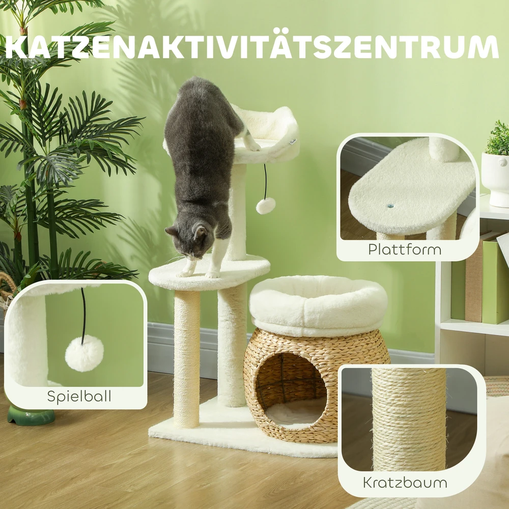 PawHut 79 cm draskyklė-namelis, su landyne, lovomis ir žaisliniais kamuoliukais, sizalio kolonėlės, katėms iki 5kg, kreminės spalvos