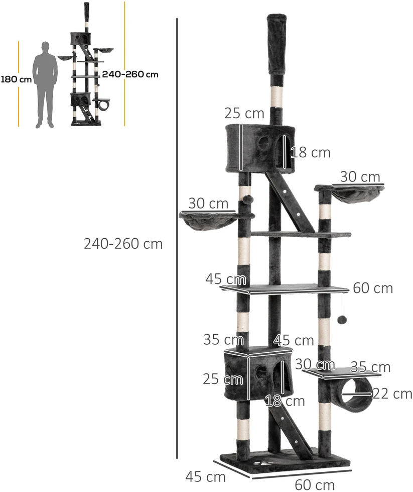 PawHut kačių draskyklė 240-260 cm, iki lubų, didelė draskyklė, laipynė katėms, draskyklė didelėms katėms su sizalio virve, tamsiai pilka