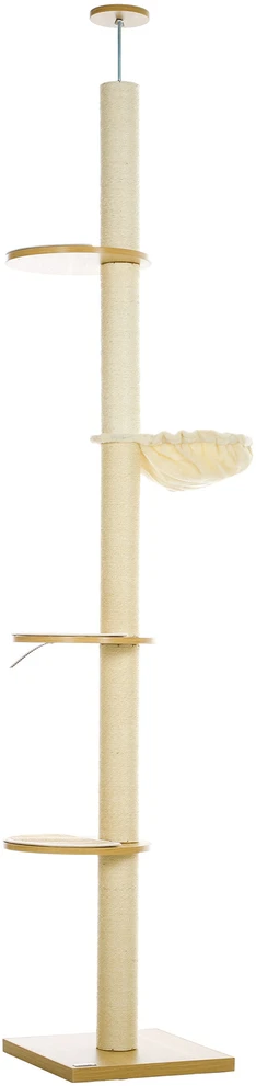 PawHut draskyklė, nuo lubų iki grindų, 230–250 cm, laipiojimo bokštas su hamaku, reguliuojamo aukščio, su apsauga nuo apvirtimo, pliušinė, ąžuolo ir kreminės baltos spalvos