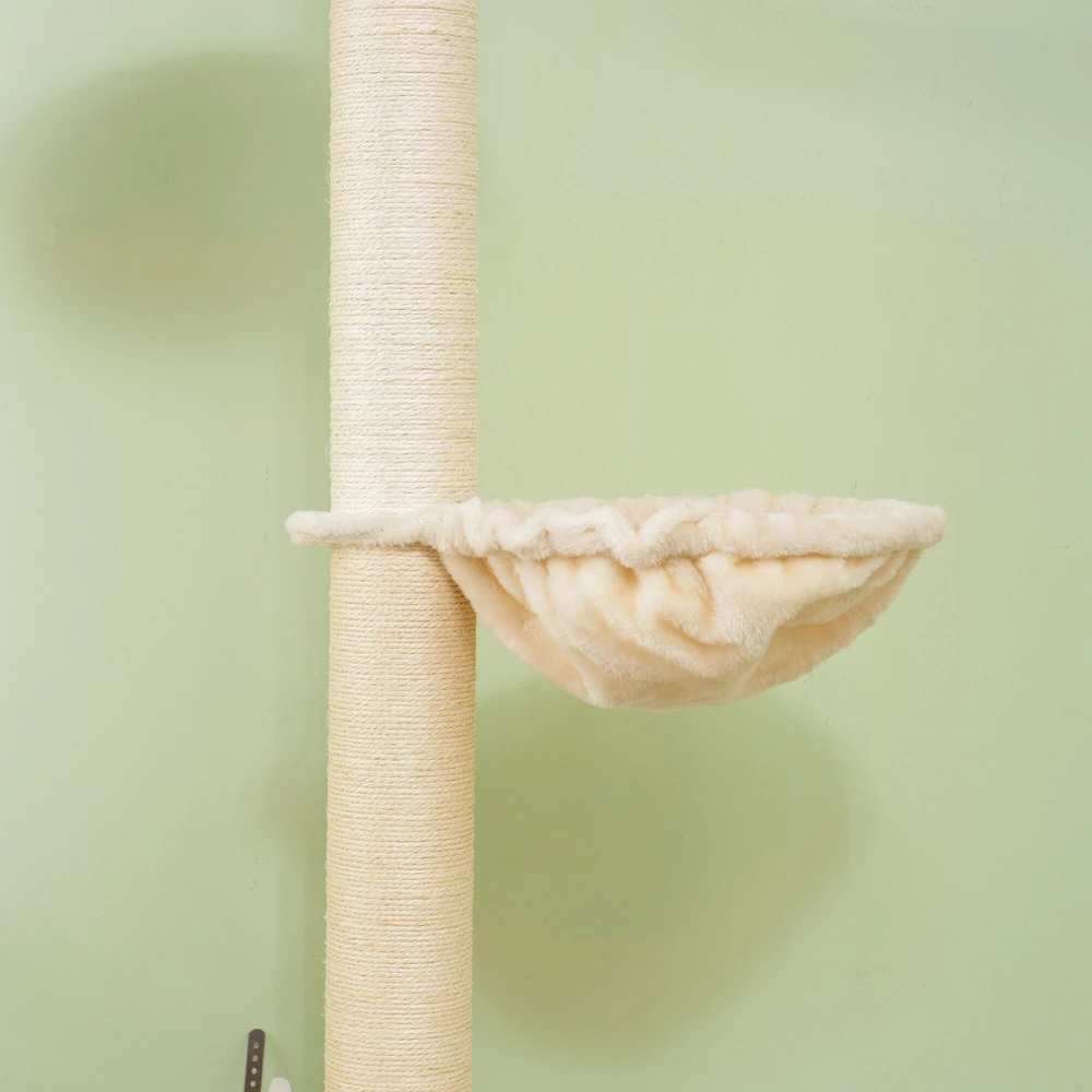 PawHut draskyklė, nuo lubų iki grindų, 230–250 cm, laipiojimo bokštas su hamaku, reguliuojamo aukščio, su apsauga nuo apvirtimo, pliušinė, ąžuolo ir kreminės baltos spalvos