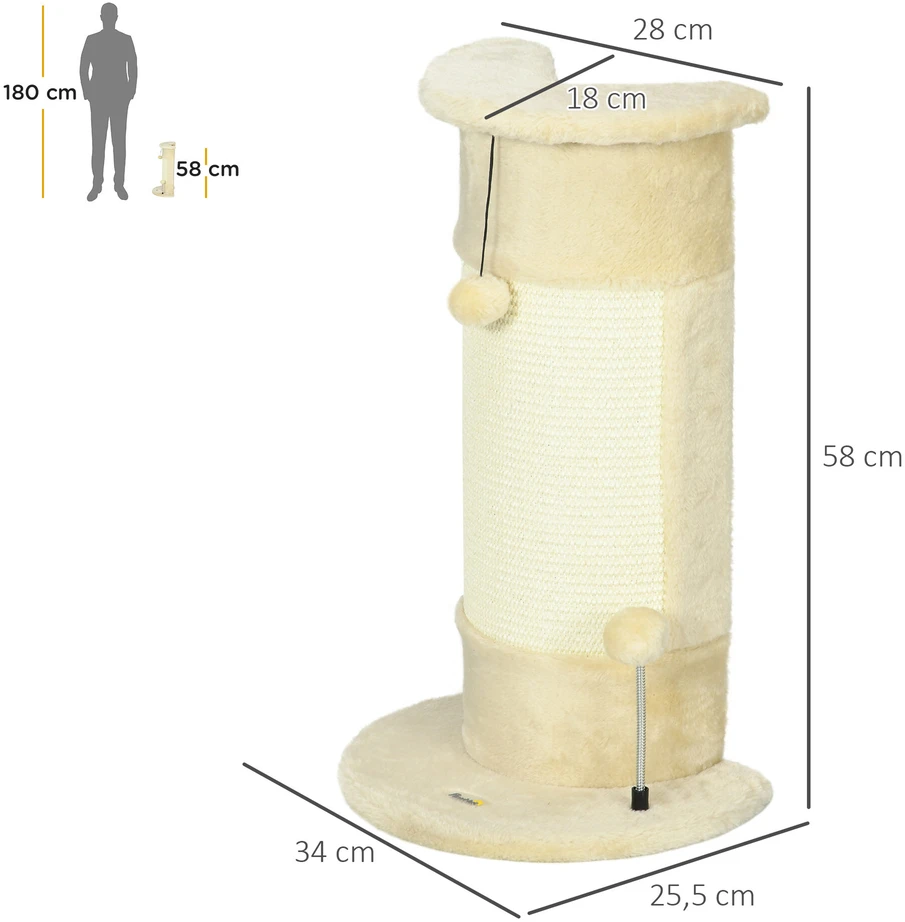 PawHut kampinis draskyklės stulpas 58 cm, draskyklė katėms su draskymo kamuoliuku, iš sizalio, kreminės baltos spalvos