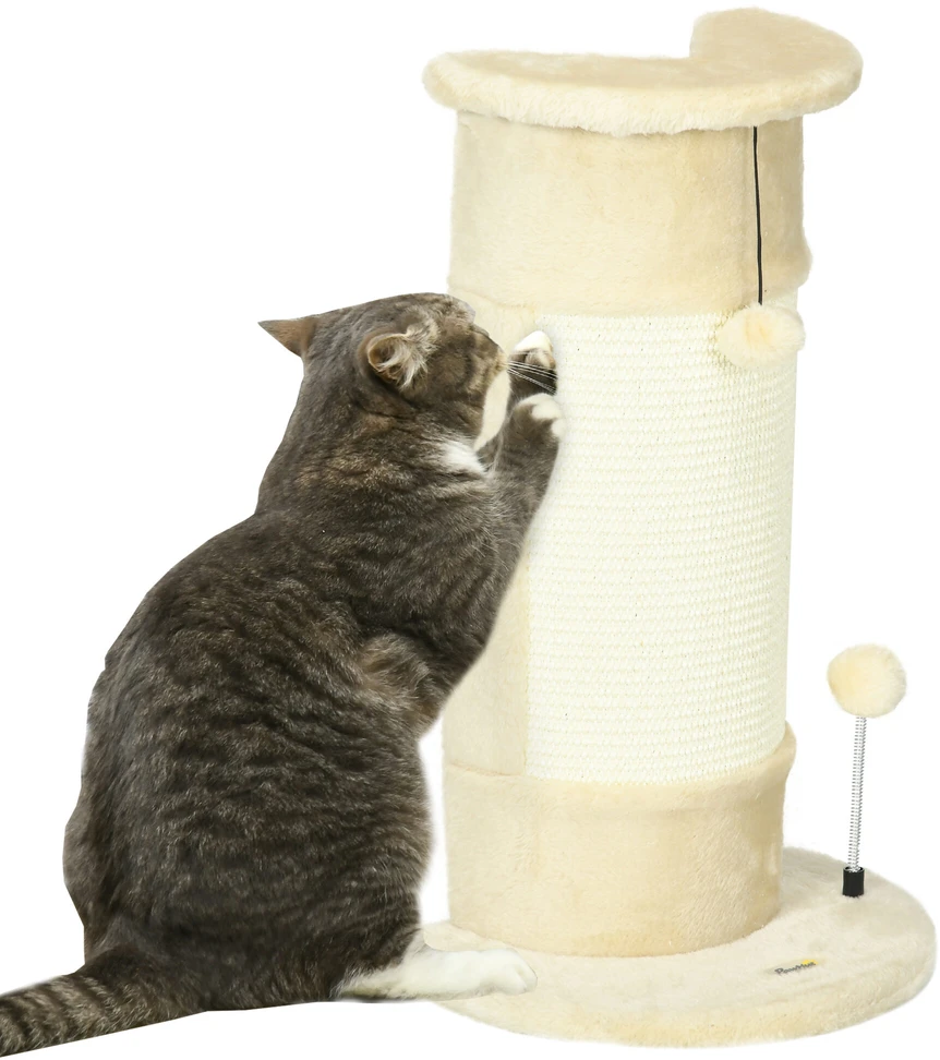 PawHut kampinis draskyklės stulpas 58 cm, draskyklė katėms su draskymo kamuoliuku, iš sizalio, kreminės baltos spalvos