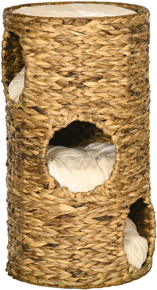 PawHut kačių draskyklė-namelis, 73 cm, 3 aukštai, su pagalvėlėmis, vandens hiacintas, plienas, šviesiai ruda