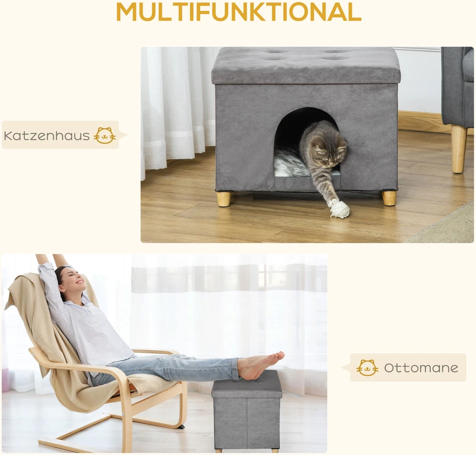 PawHut 2-in-1 kačių namelis ir kėdutė kojoms su pagalvėle, medinėmis kojelėmis, minkštas, pilkas