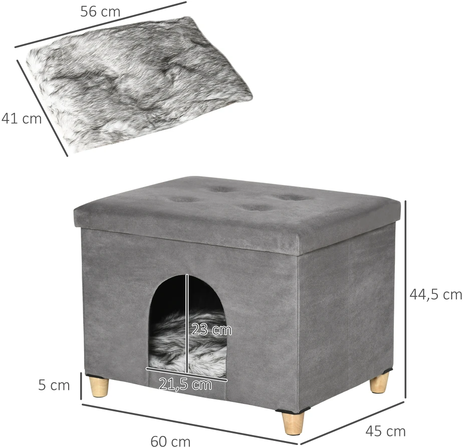 PawHut 2-in-1 kačių namelis ir kėdutė kojoms su pagalvėle, medinėmis kojelėmis, minkštas, pilkas