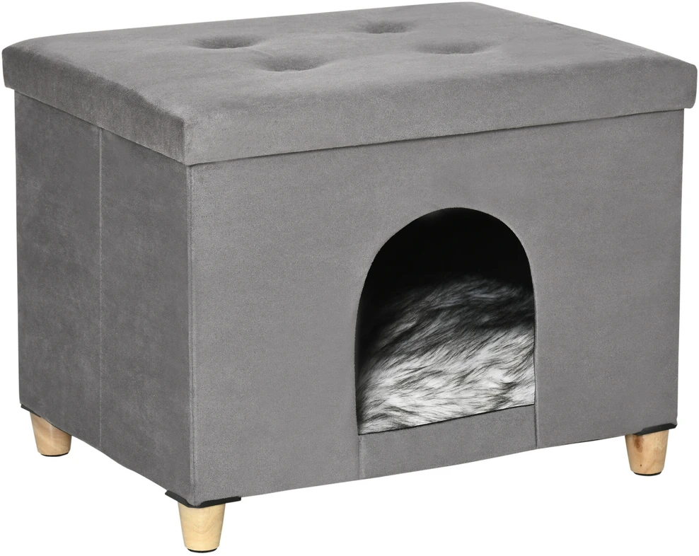 PawHut 2-in-1 kačių namelis ir kėdutė kojoms su pagalvėle, medinėmis kojelėmis, minkštas, pilkas