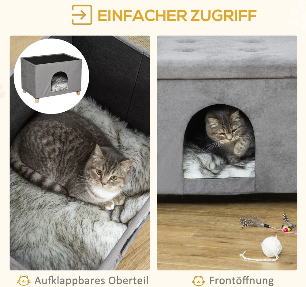 PawHut 2-in-1 kačių namelis ir kėdutė kojoms su pagalvėle, medinėmis kojelėmis, minkštas, pilkas