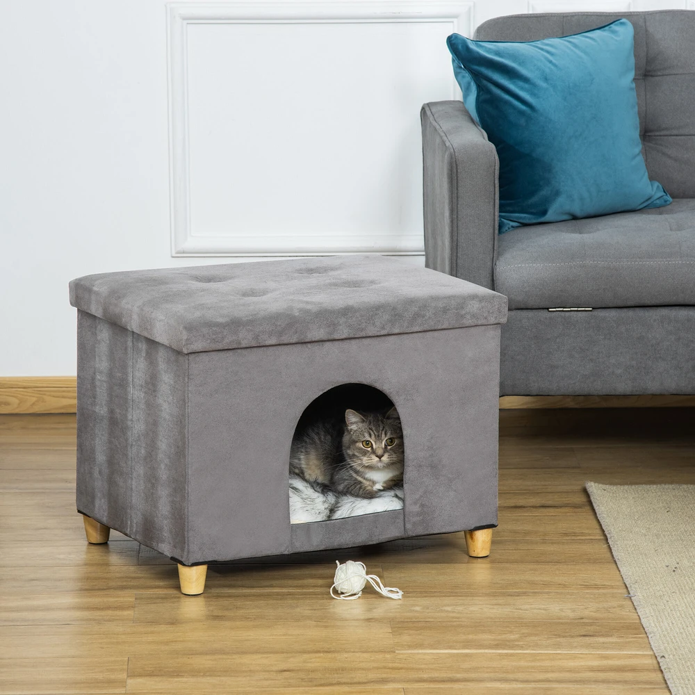PawHut 2-in-1 kačių namelis ir kėdutė kojoms su pagalvėle, medinėmis kojelėmis, minkštas, pilkas