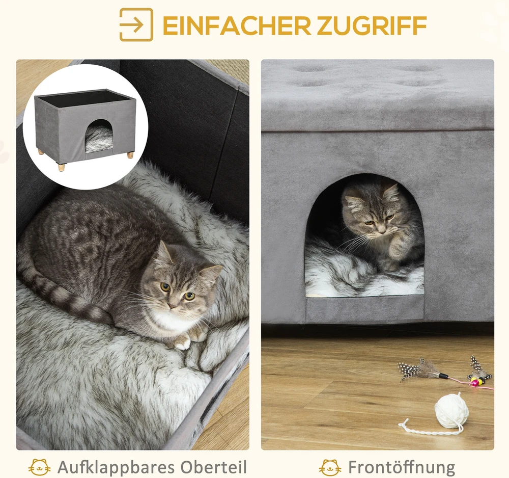 PawHut 2-in-1 kačių namelis ir kėdutė kojoms su pagalvėle, medinėmis kojelėmis, minkštas, pilkas