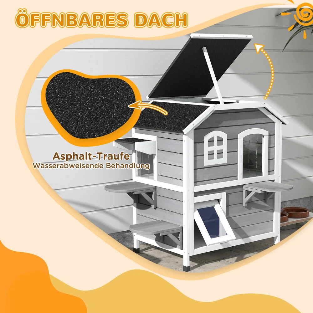 PawHut kačių namelis su bitumine stogo danga, atsparus oro sąlygoms, lauko kačių būda su laipteliais, 2 aukštų, eglės mediena, pilka, 78x55,5x91 cm