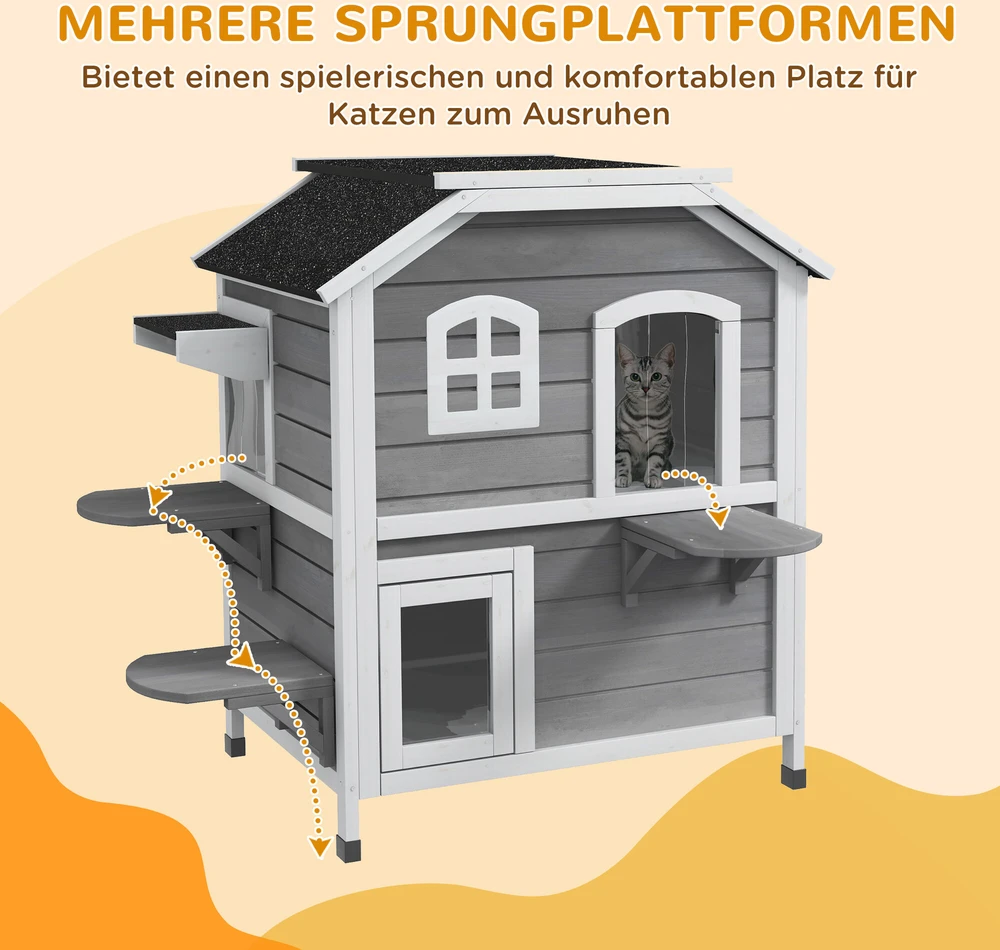PawHut kačių namelis su bitumine stogo danga, atsparus oro sąlygoms, lauko kačių būda su laipteliais, 2 aukštų, eglės mediena, pilka, 78x55,5x91 cm