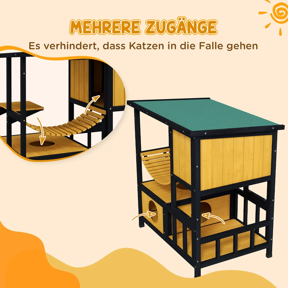 PawHut medinis kačių namelis, kačių urvelis, kačių vila laukui, su kabančiu tiltu, balkonu, platforma, atsparus vandeniui, 1-2 katėms iki 5kg, geltonas