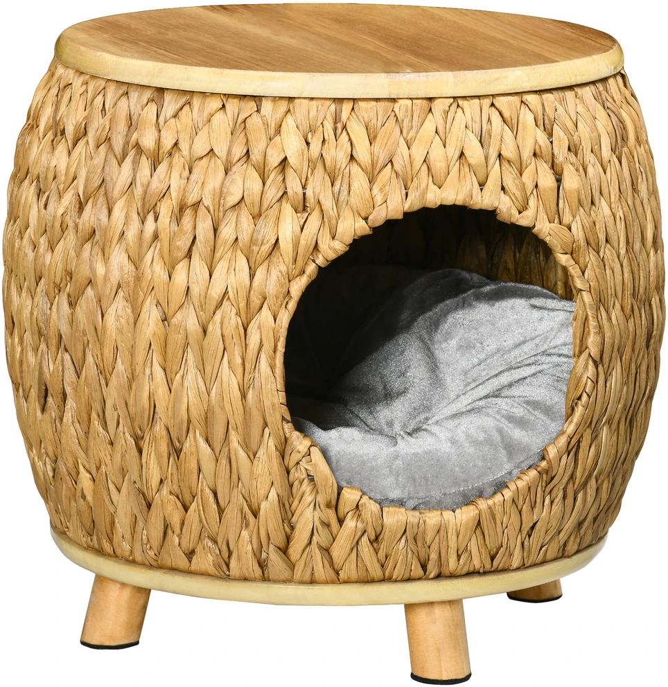 Pawhut kačių namelis, pintos tekstūros 2-in-1 dizainas, kačių gultas su pagalvėle, vandens hiacinto žolė ir Paulownia mediena, šviesiai ruda/pilka, 44 x 43 x 42 cm