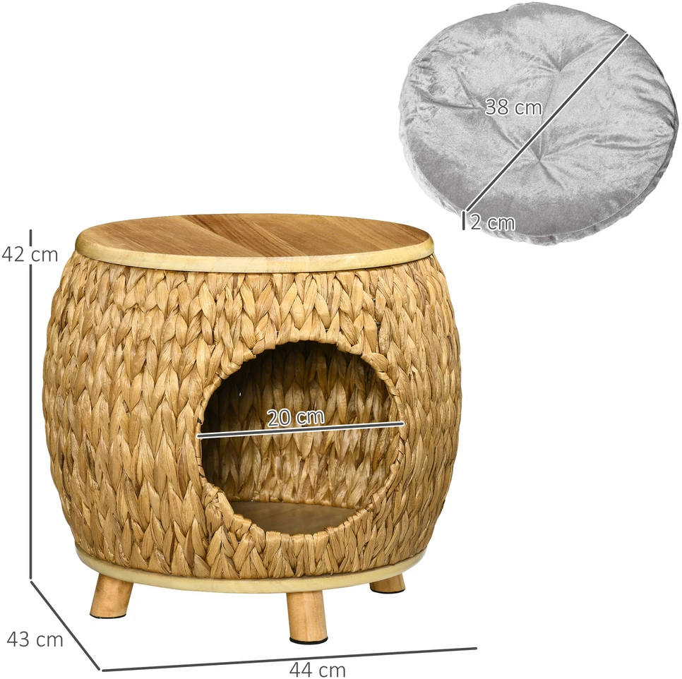 Pawhut kačių namelis, pintos tekstūros 2-in-1 dizainas, kačių gultas su pagalvėle, vandens hiacinto žolė ir Paulownia mediena, šviesiai ruda/pilka, 44 x 43 x 42 cm