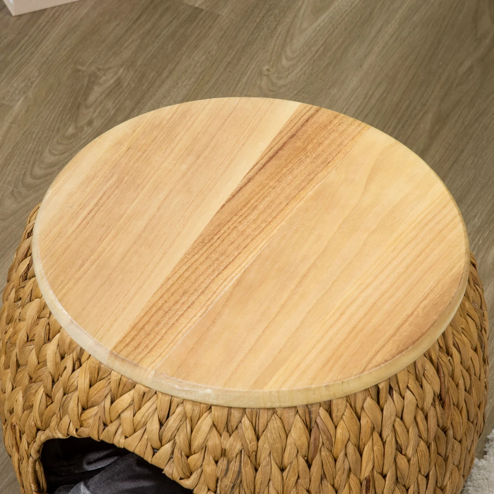 Pawhut kačių namelis, pintos tekstūros 2-in-1 dizainas, kačių gultas su pagalvėle, vandens hiacinto žolė ir Paulownia mediena, šviesiai ruda/pilka, 44 x 43 x 42 cm