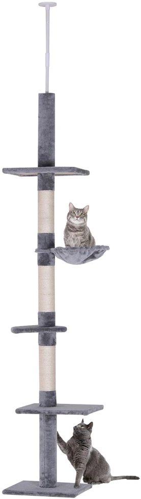 PawHut lubinis draskyklė, pilka, reguliuojamo aukščio kačių draskyklė su sizalio stulpais, skirta laipiojimui ir draskymui, 40x34x230-260 cm
