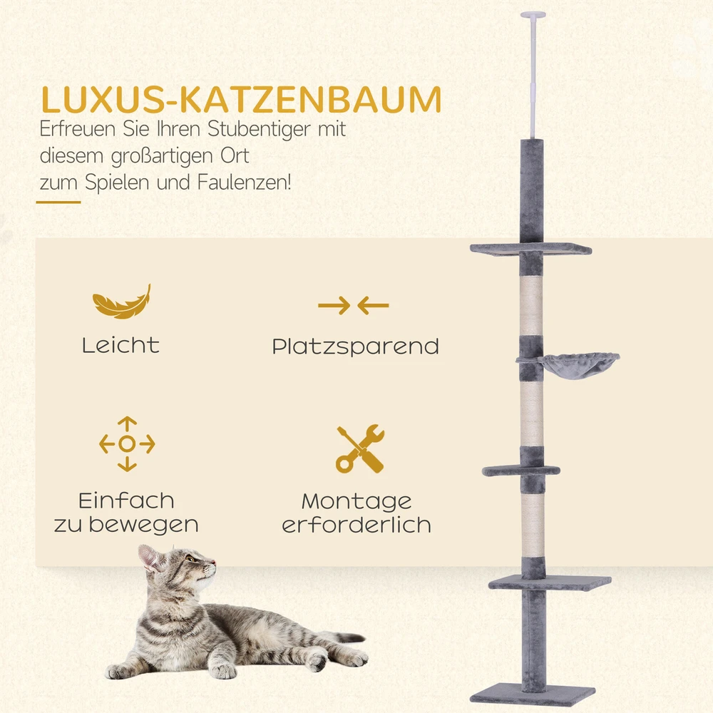 PawHut lubinis draskyklė, pilka, reguliuojamo aukščio kačių draskyklė su sizalio stulpais, skirta laipiojimui ir draskymui, 40x34x230-260 cm