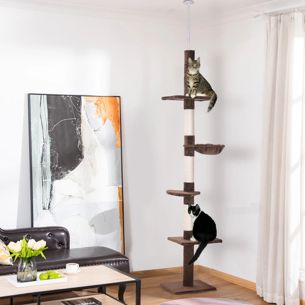 PawHut draskyklė katėms iki lubų, ruda, reguliuojamo aukščio, su sizalio stulpais, 40x34x230-260 cm