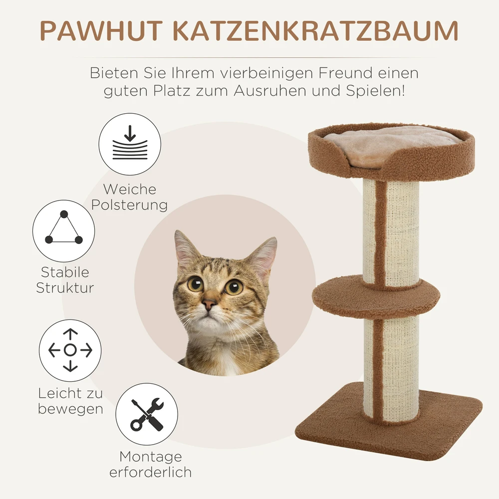 PawHut kačių draskyklė, žaidimų medis su platforma, sizalis, E1 medžio drožlių plokštė, pliušas, šviesiai ruda, 45x45x91 cm