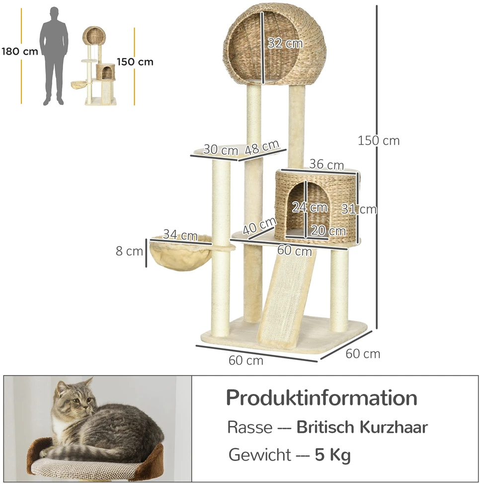 PawHut draskyklė katėms, 150 cm, su nameliu, hamaku ir rampa, apsauga nuo apvirtimo, pliušinė, smėlio spalvos
