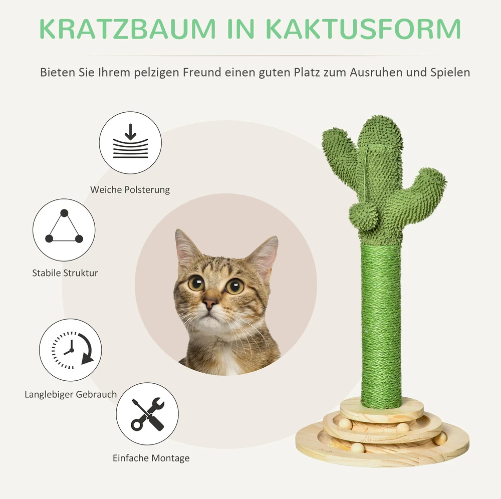 "PawHut" kaktuso dizaino kačių draskyklė, pušies mediena ir sizalio virvė, su mediniu kamuoliuku-žaisliuku, 60 cm, žalia + gamta