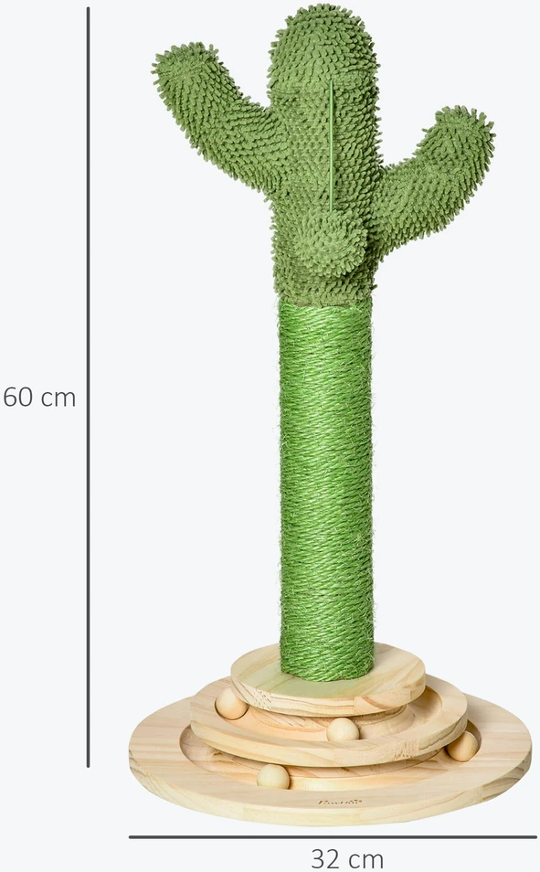 "PawHut" kaktuso dizaino kačių draskyklė, pušies mediena ir sizalio virvė, su mediniu kamuoliuku-žaisliuku, 60 cm, žalia + gamta