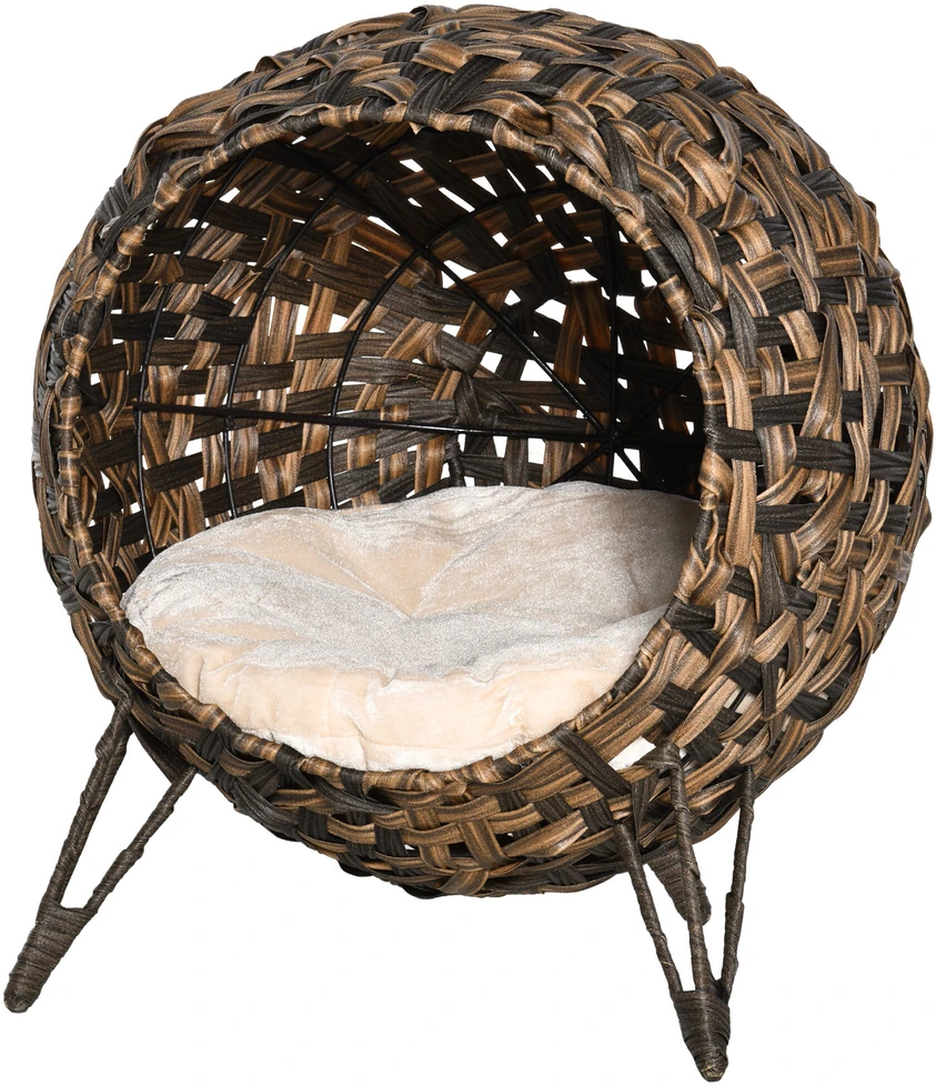 PawHut rotango kačių lova su pagalvėle, pakeltomis kojelėmis, ruda, Ø52x58cm