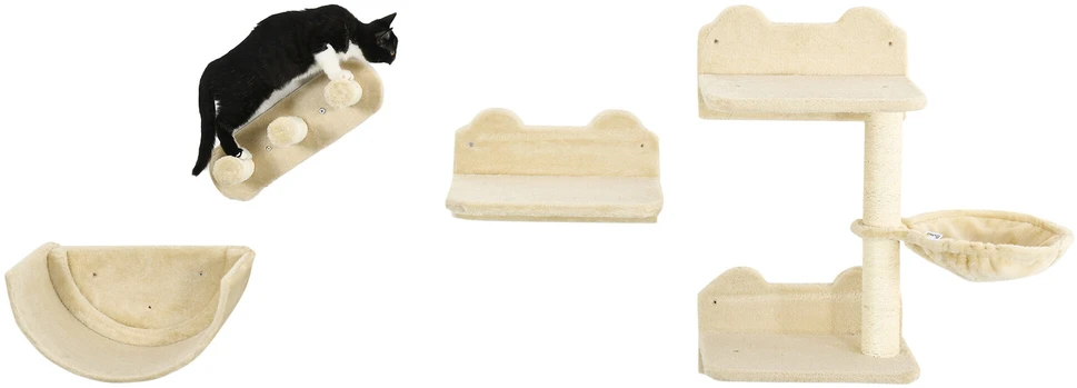 PawHut 4 dalių katės laipiojimo sienelė, laipynė katėms su katės laipteliais, hamaku, šokinėjimo platforma, sieninis draskyklė, sieniniai baldai katėms, iki 5kg | Aosom