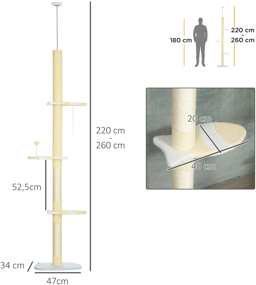 PawHut draskyklė, kačių draskyklė iki lubų, 220–260 cm, laipynė su žaidimų kamuoliuku, reguliuojamo aukščio kačių medis, žaidimų medis su apsauga nuo apvirtimo, pliušas, geltona
